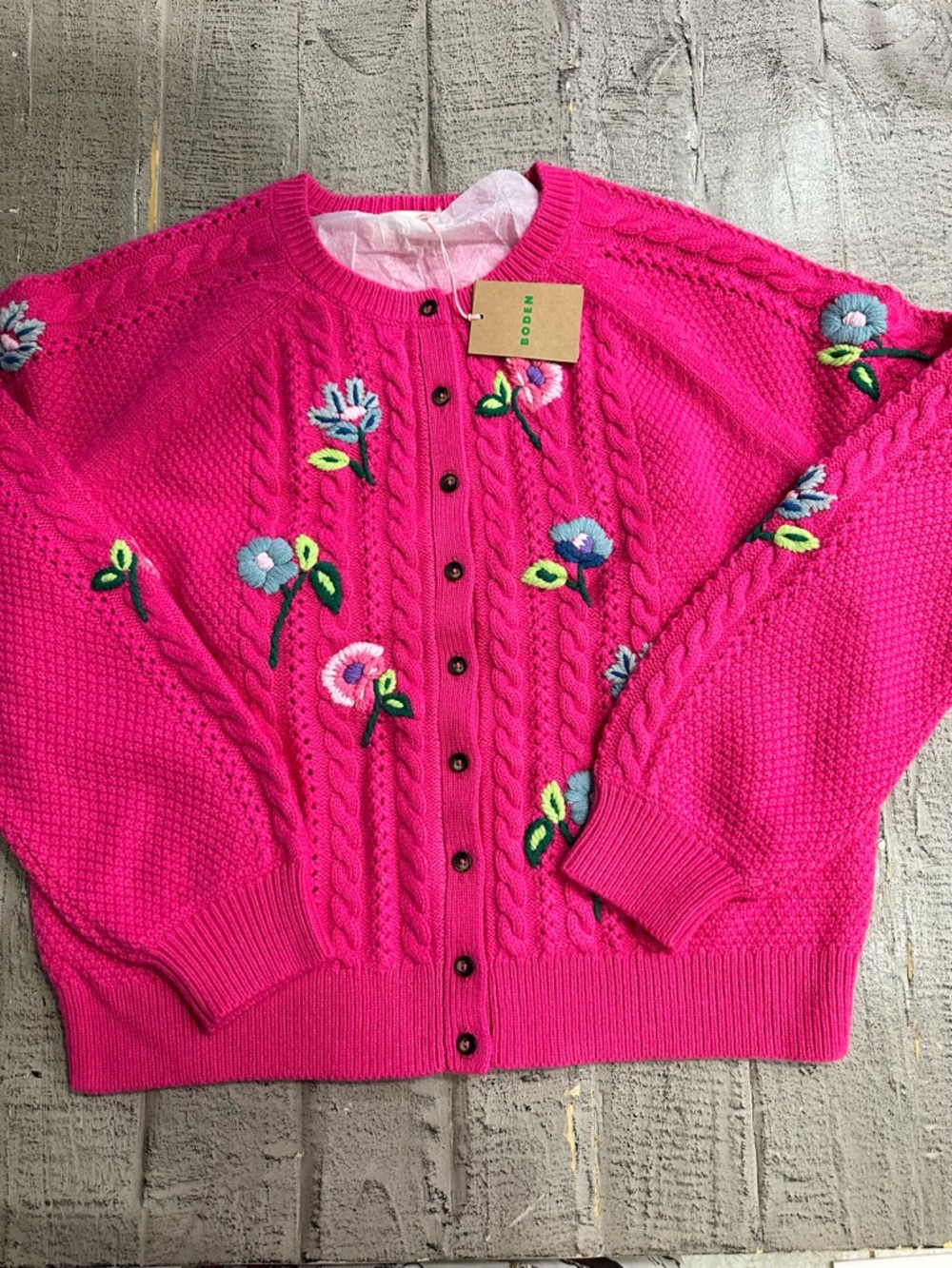 Boden Hot Pink Floral Cable-Knit Button Cardigan